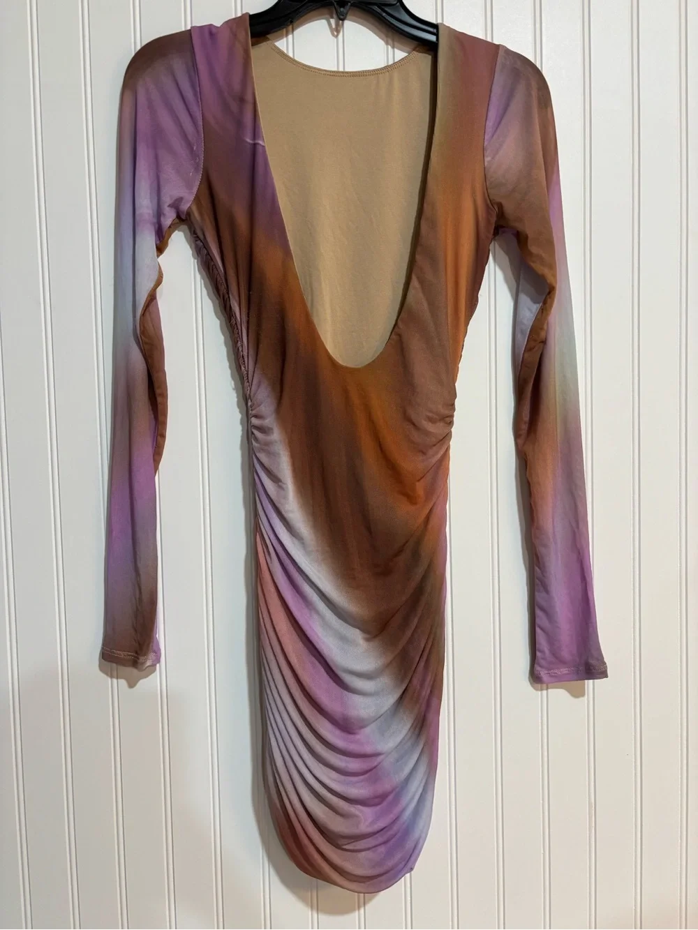 AFRM Tie-Dye Ruched Long-Sleeve Mini Dress - Pink & Brown - Picture 6 of 7